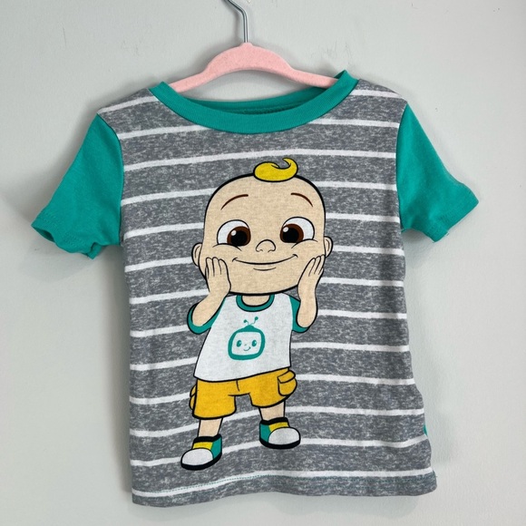 Cocomelon Matching Pyjama Shorts & Shirt Set Teal Gray Stripes 3T - Picture 2 of 4